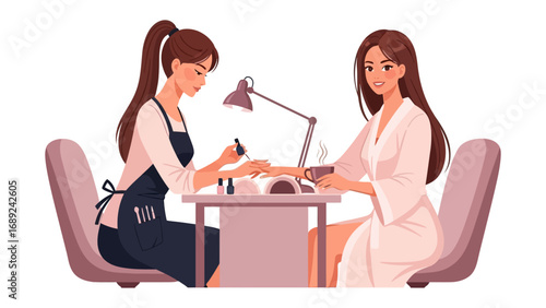 Professional manicurist applying nail polish to a client s hand at a salon table