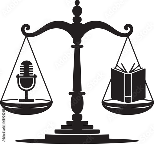 Scales of Justice with Microphone and Book: Symbol of Law, Legal System, and Fair Hearing