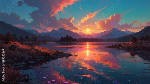 An oil painting depicting a sunrise over a calm lake, with the water reflecting the warm colors of the sky. Generative AI