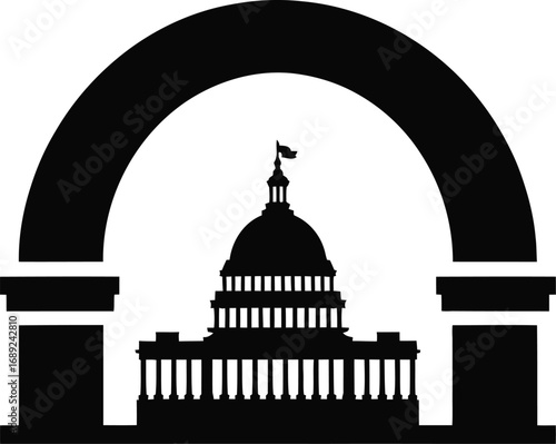 Capitol Arch Silhouette – Black-and-White Vector of U.S. Capitol Building Framed by Grand Architectural Arch Symbolizing Democracy and Governance