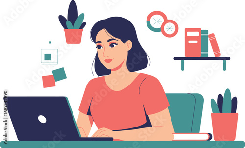 Woman working on laptop with plants and books