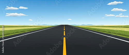 Bright Vector Illustration of a Long Straight Road Through Green Fields Under a Clear Blue Sky