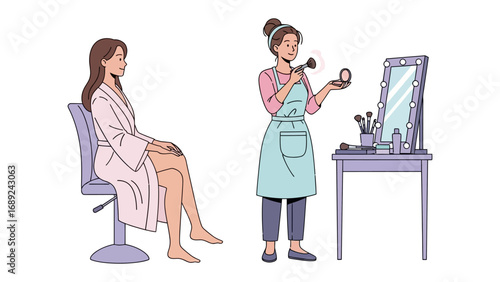Professional makeup artist applying cosmetics to a seated client in a beauty salon setting