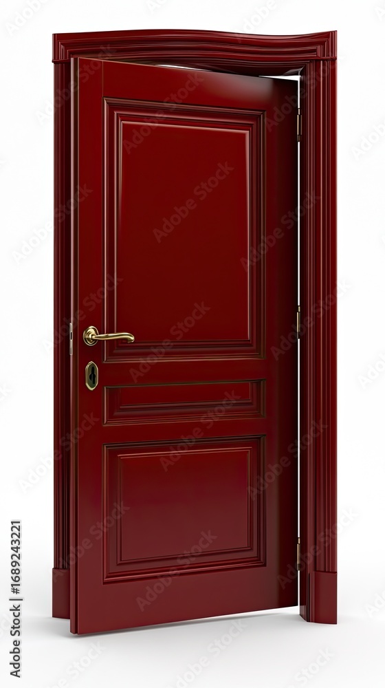 Fototapeta premium Classic Mahogany-Finish Door with Ornate Frame and Gold Handle, Ajar on White