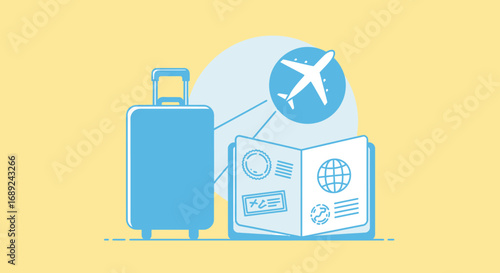 Planning a journey: suitcase, passport, and airplane symbolize travel preparations.