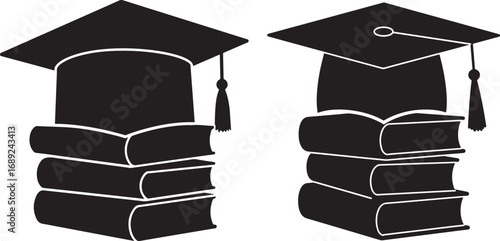 Two graduation caps on stacks of books silhouette