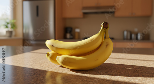 A realistic bunch of bananas on a kitchen counter with shallow depth of field.