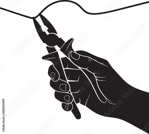 Hand Using Pliers to Cut Wire Silhouette Illustration on Transparent Background Vector Graphic