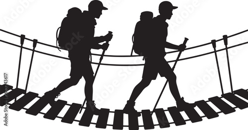 Hikers on Rope Bridge Silhouette, Adventure and Exploration, Outdoor Activity, Vector Art