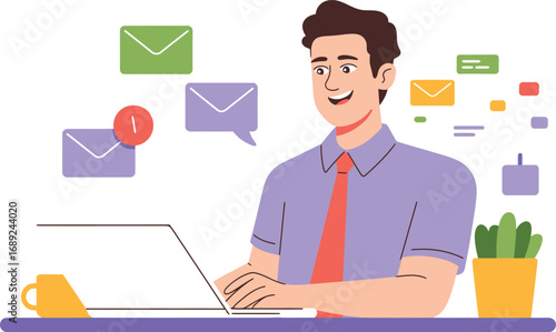 Man working on laptop with email notifications