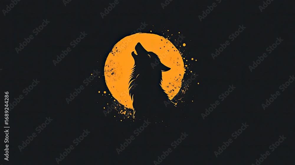 Fototapeta premium Silhouette of Howling Wolf Against Orange Moon, Minimalist Design, Dark Background.
