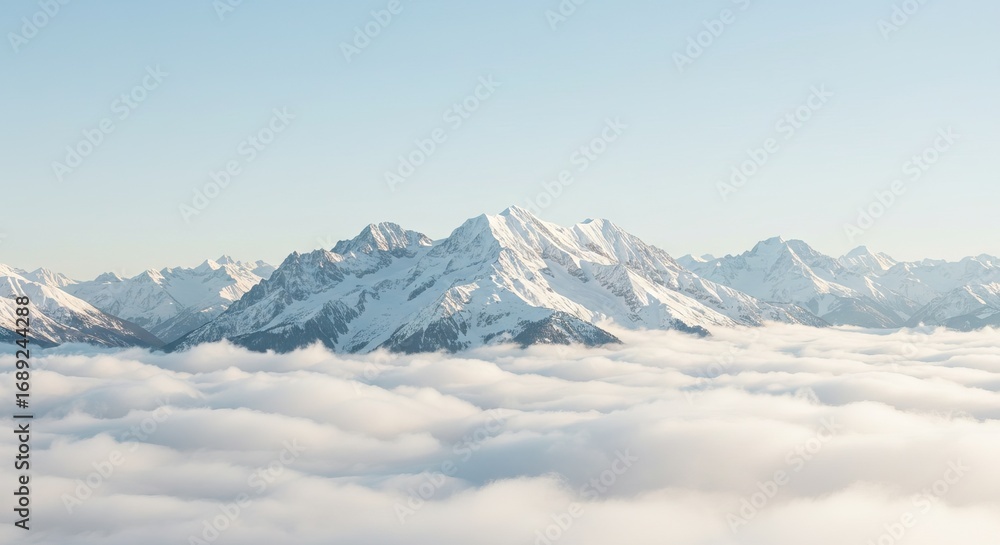 Obraz premium Snowcovered mountains rise above a sea of white clouds against a light blue sky