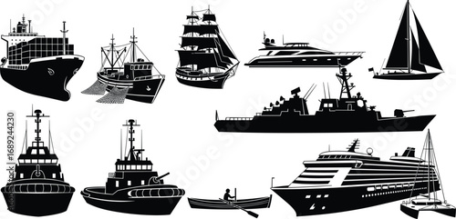 Black silhouette collection of ships and boats, including cargo ship, fishing boat, sailboat, yacht, warship, tugboat, rowboat, cruise ship, maritime vessels, nautical icons