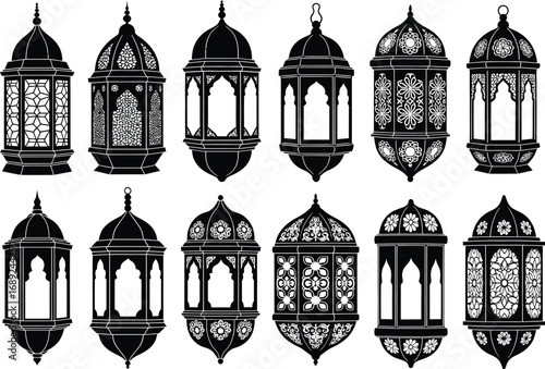 Collection of intricately detailed traditional islamic lanterns in a black and white silhouette design