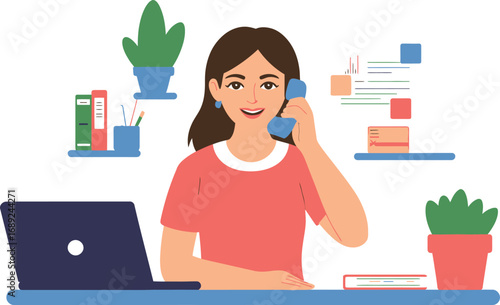 Woman on the phone at her desk with laptop and plants