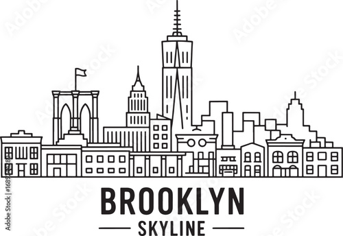 Detailed Brooklyn Skyline Outline with Iconic Buildings and Landmarks in New York City