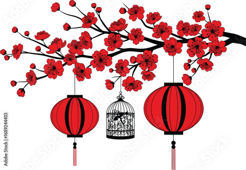 Vibrant red chinese lanterns and blooming cherry blossom branches create a festive and traditional asian cultural celebration scene