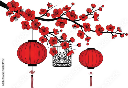 Vibrant red cherry blossom branches adorned with traditional chinese lanterns and decorative tassels create a festive celebration scene