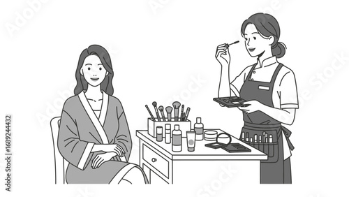 Professional makeup artist applying cosmetics to a seated client in a beauty salon setting with tools displayed