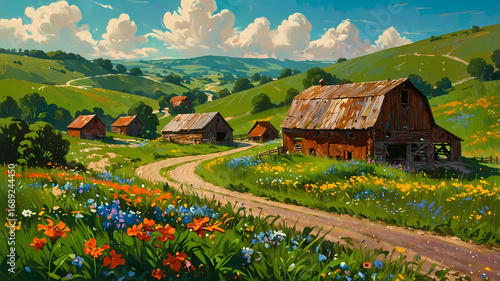 A charming countryside scene depicting a rustic barn surrounded by golden fields of wheat. Generative AI