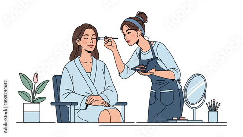 Professional makeup artist applying cosmetics to a client in a salon setting with plants and mirror