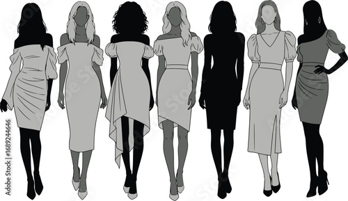 Diverse group of fashion models showcasing stylish dresses and footwear on a white background