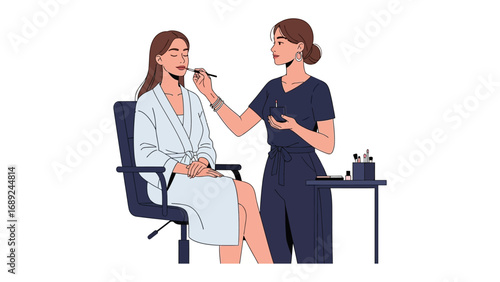 Professional makeup artist applying makeup to a seated woman in a white robe with a clean white background