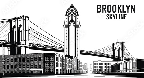 Brooklyn Skyline Outlines Collection Featuring Iconic Landmarks and Architecture in Black White