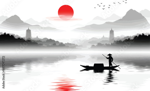 Serene asian landscape with a lone fisherman in a boat on a misty lake at sunrise