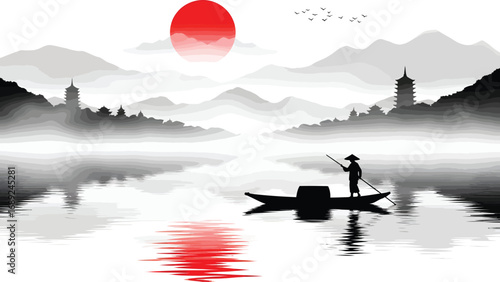 Serene chinese ink wash painting of a lone figure rowing a boat on a misty lake at sunrise with distant pagodas and mountains