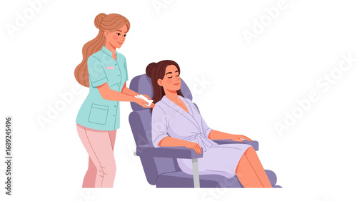 Medical professional administers treatment to patient seated in examination chair