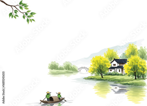 Tranquil asian landscape painting with a small boat on a river and a house nestled among trees