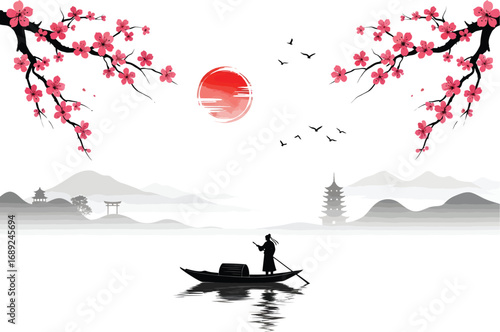 Serene japanese landscape with a lone fisherman in a boat under blooming cherry blossoms and a rising sun