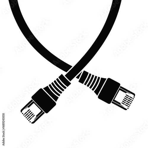 Black ethernet cable with connectors crossed isolated on white background