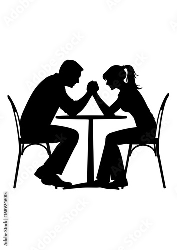 Silhouette of Man and Woman Arm Wrestling at Table