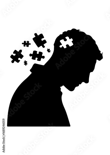 Silhouette of Person with Puzzle Pieces Falling from Head