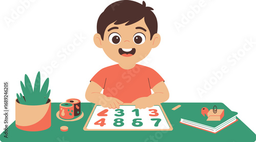 Boy learning numbers on a desk with art supplies