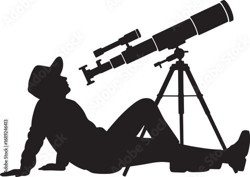 Astronomer Lying Down Observing the Sky with Telescope Vector Illustration Design