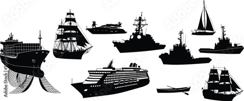 Black silhouette ship collection with cargo ship, fishing boat, sailing ship, yacht, cruise ship, naval vessels, rowboat, tugboat, ocean travel, maritime transport, watercraft, sea ships