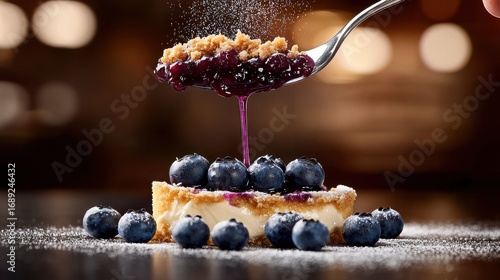 Fresh blueberry compote dripping from spoon onto elegant cheesecake slice with scattered berries and powdered sugar dusting in warm bakery setting
