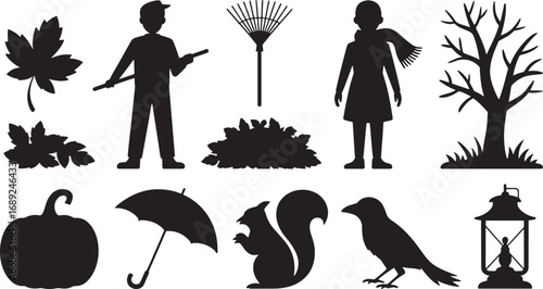 Autumnal Silhouette Collection Featuring Leaves, Rake, Child, Tree, Pumpkin, and Lantern Design