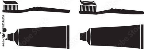 Toothbrush and toothpaste silhouette icons