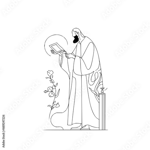 Saint reading book illustration outline vector art religious figure drawing minimalist vector design graphic 100