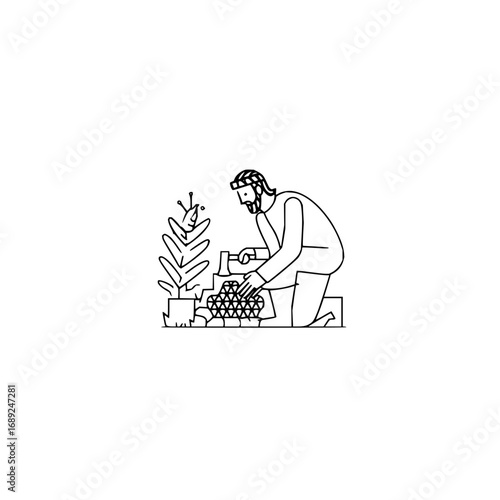 Illustration of gardener tending plants in garden vector art line drawing for nature and gardening themes