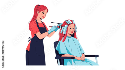 Skilled stylist carefully applies hair rollers to client s long red hair in a salon setting