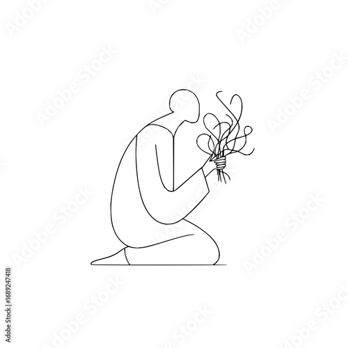Minimalist line art drawing of person kneeling holding bouquet vector illustration design and outline concept
