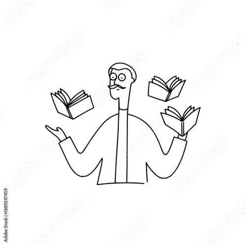 Illustration of a man juggling books for education and learning resources with a mustache and glasses