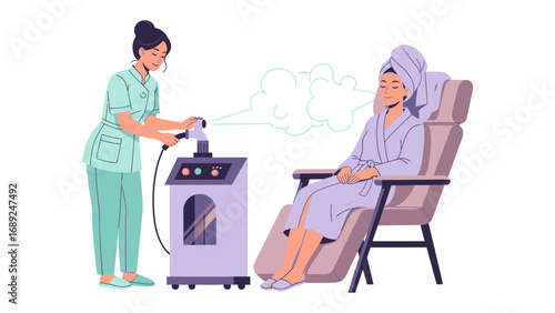 Professionalesthetician administering facial steaming treatment to client in spa setting