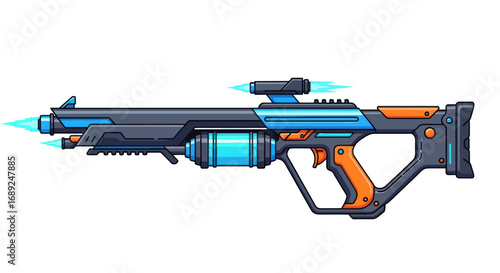 Futuristic Sci-Fi Laser Rifle with Blue Glow and Orange Accents.