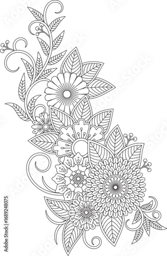 Intricate floral design coloring page for relaxing creative expression and art therapy white background